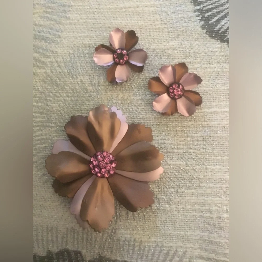 Pink and Brown Floral Metal Rhinestone Brooch and Earrings Set Vintage